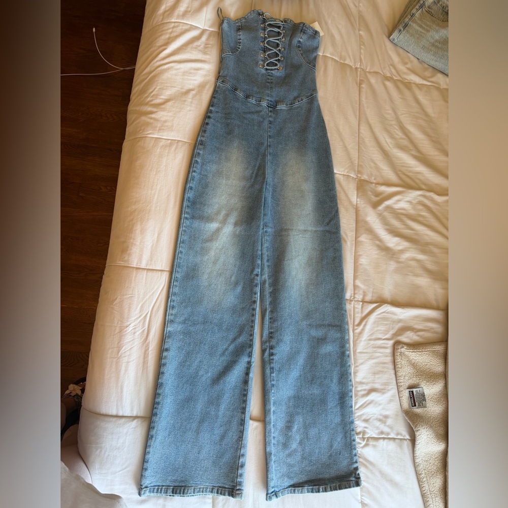 Lilyful selena lace up denim jumpsuit